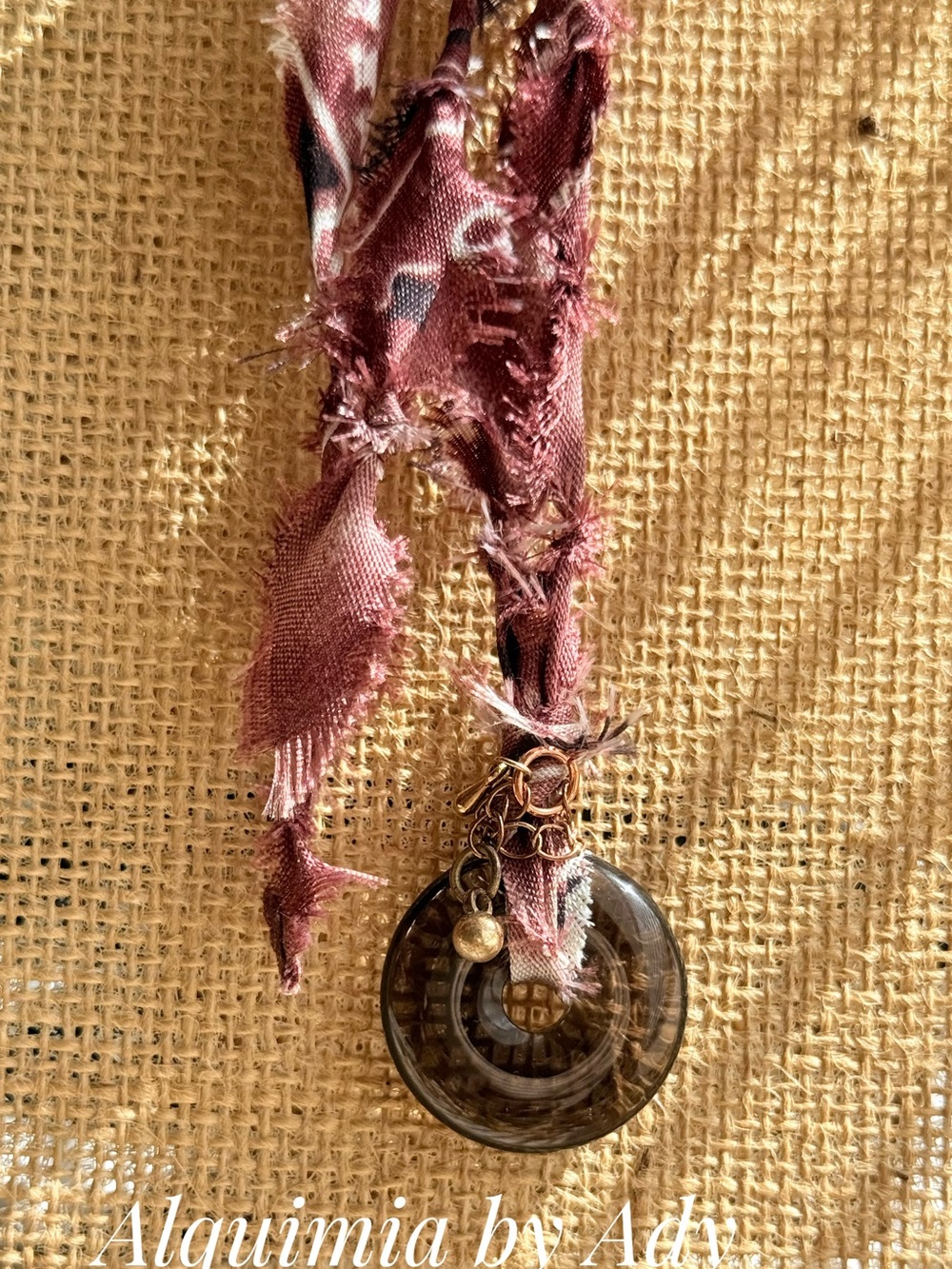 Burgundy Fabric Cord Necklace with smoky quartz Donut Pendant